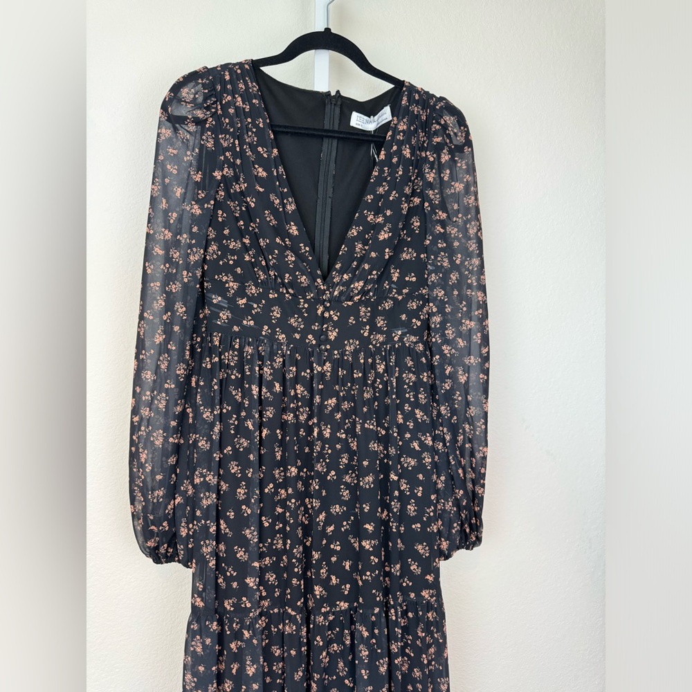 Mac Duggal Black Floral Long Sleeve Chiffon A-Line Gown Sz 2 NEW - Picture 6 of 14